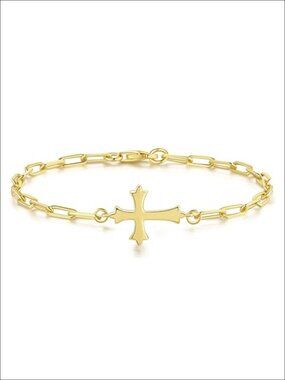 14K Gold Plated Paperclip Cross Bracelet Lobster Clasp Chain